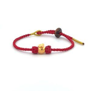 18K Gold Money Bag Bracelet Red Gold Yarn Tiger's Eye Bead Size 6-6.5"